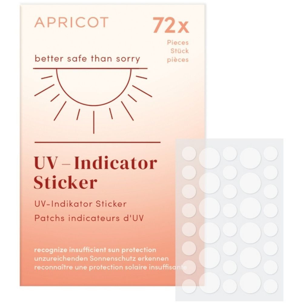 Paquet de stickers indicateurs UV. Contient 72 pièces. Marque : APRICOT. Texte : better safe than sorry.
