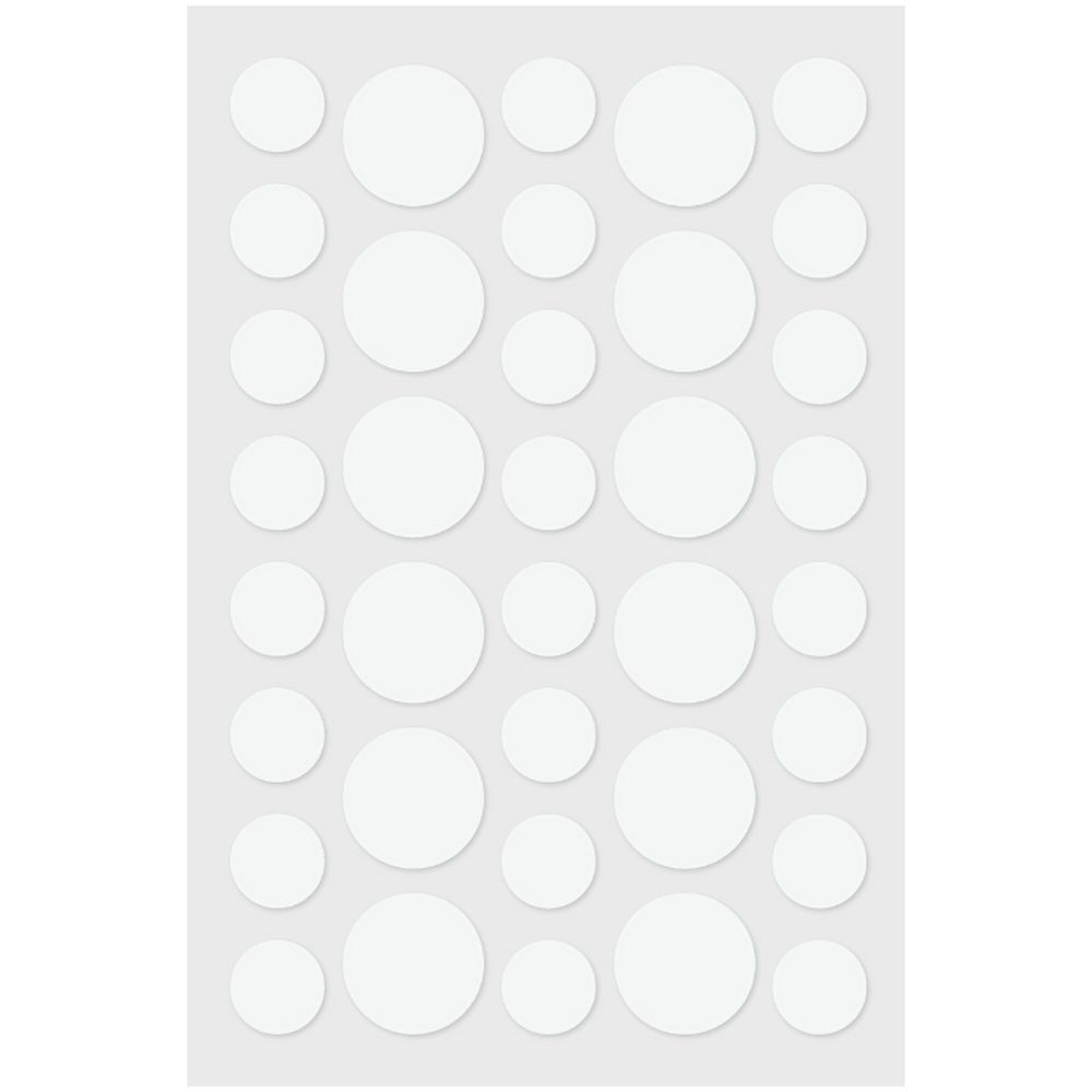 Feuille d'autocollants indicateurs UV ronds blancs de différentes tailles, sur fond clair.