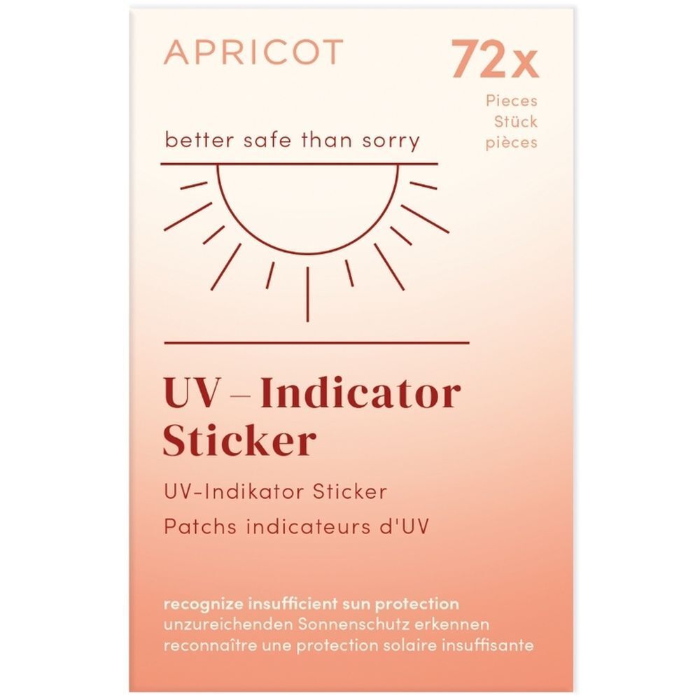 Paquet de stickers indicateurs UV. Marque : APRICOT. Contient 72 pièces. Dégradé de blanc à orange.