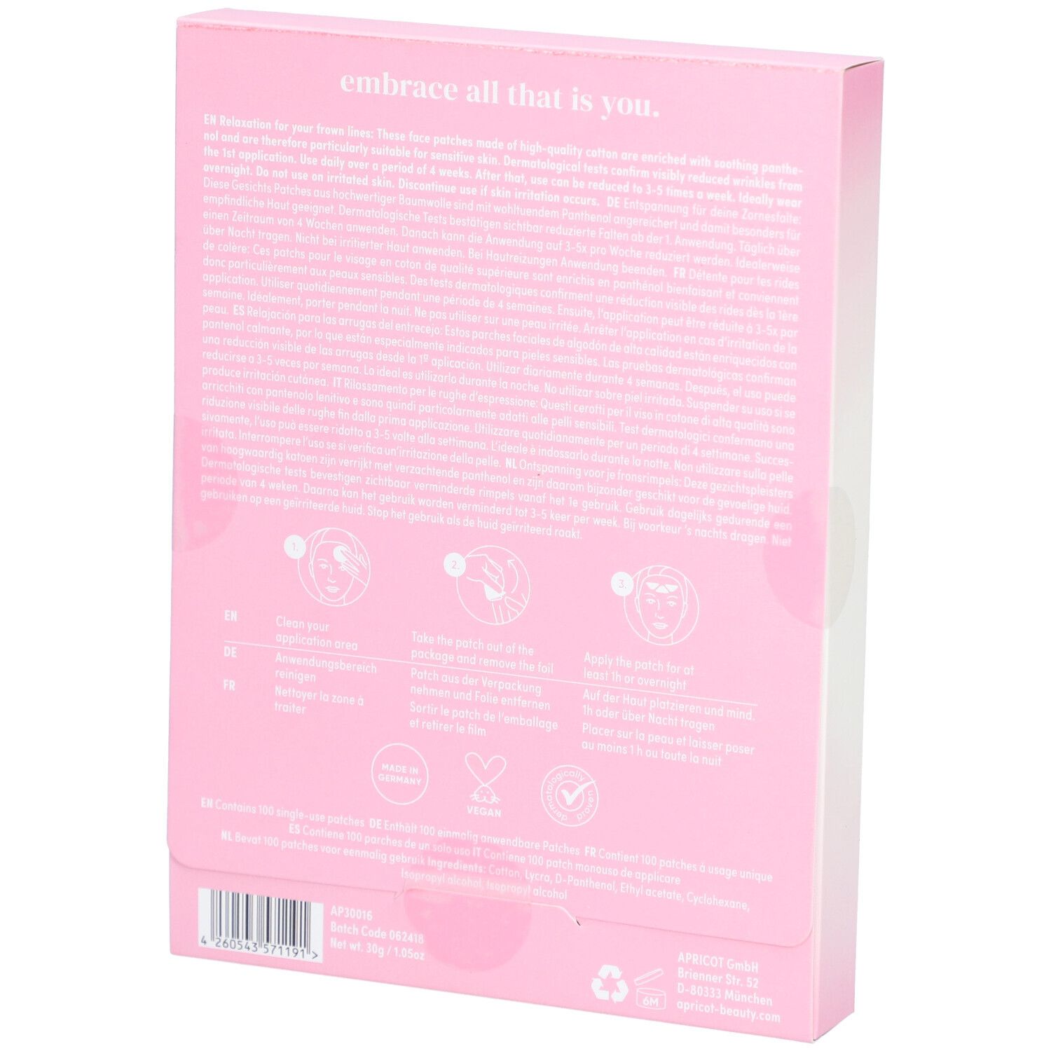 Achterkant van de APRICOT Facial Patches Panthenol verpakking met instructies.