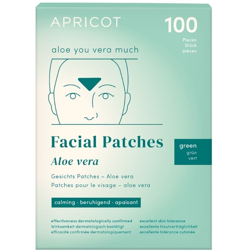 Boîte de 100 patchs faciaux verts APRICOT. Texte: Facial Patches Aloe vera. Texte: apaisant.