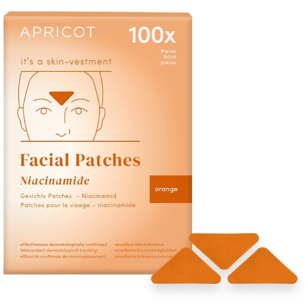 Verpakking gezichtspatches APRICOT met niacinamide. 100 stuks. Driehoekige vorm, oranje kleur.
