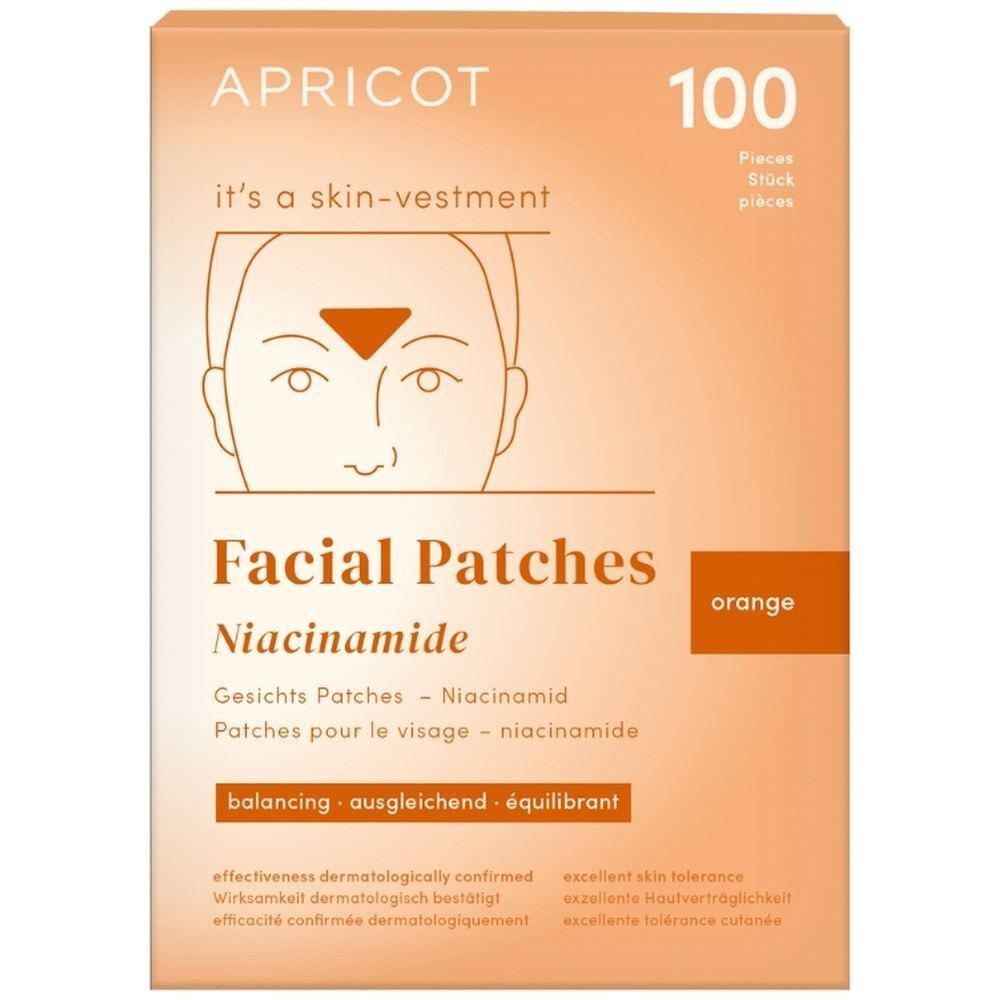 Verpakking gezichtspatches APRICOT met niacinamide. 100 stuks. Driehoekige vorm, oranje kleur.