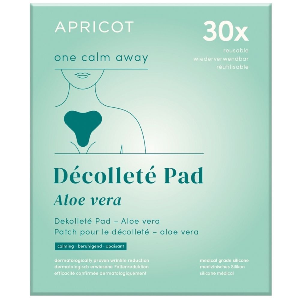 Emballage avec nom du produit, marque APRICOT et 30 pièces. Texte : Décolleté Pad Aloe vera. Couleurs vert et blanc.