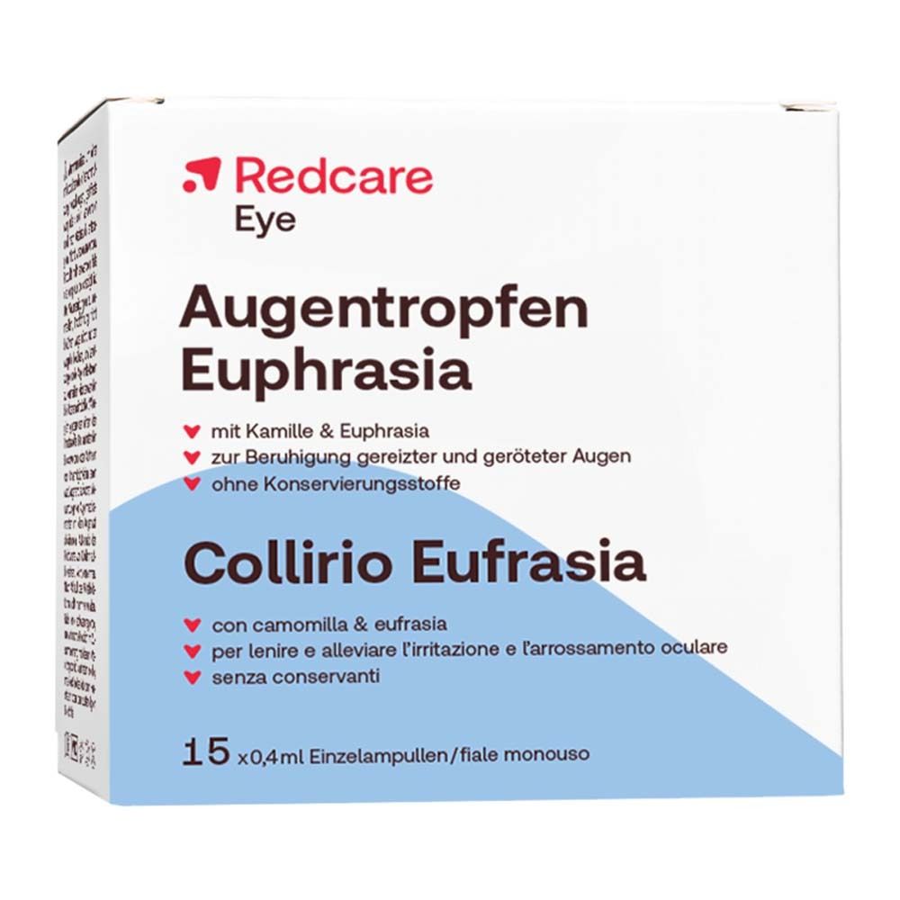 Verpakking van Redcare Eye Augentropfen Euphrasia. Bevat 15 enkelvoudige ampullen.