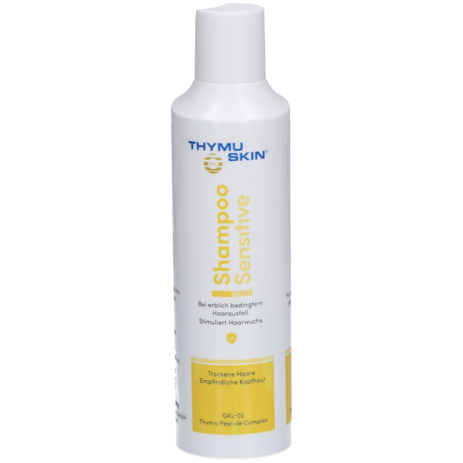 Witte fles met gele accenten. Opschrift: THYMUSKIN® Shampoo Sensitive. Voor droog haar en gevoelige hoofdhuid.