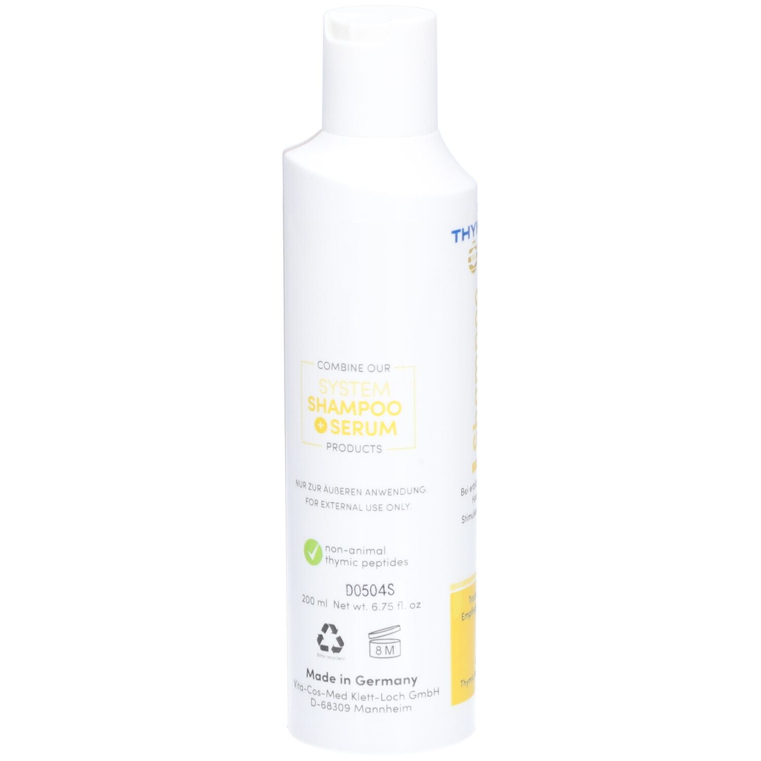 Witte fles met gele accenten. Opschrift: THYMUSKIN®. Achterkant met info. 200 ml, niet-dierlijk, gemaakt in Duitsland.