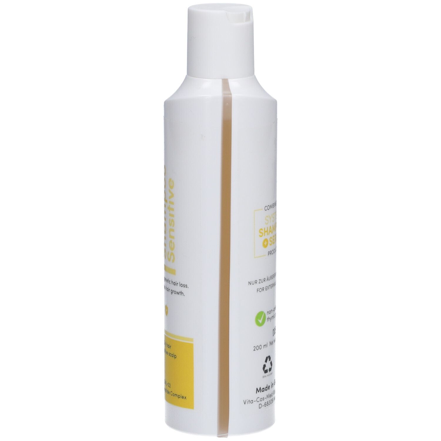 Witte fles met gele accenten. Opschrift: THYMUSKIN® Shampoo Sensitive. Zijaanzicht met productinformatie.