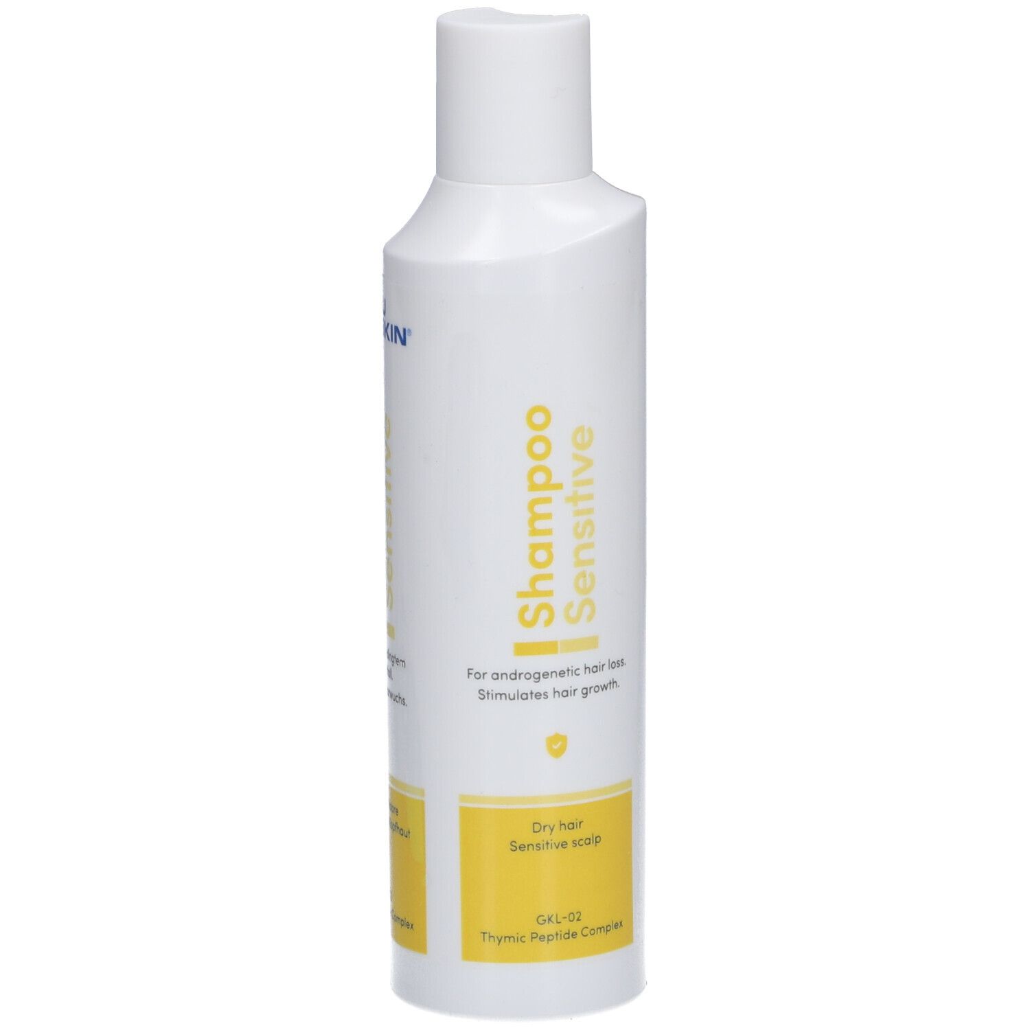 Witte fles met gele accenten. Opschrift: THYMUSKIN® Shampoo Sensitive. Voor androgenetische haaruitval.