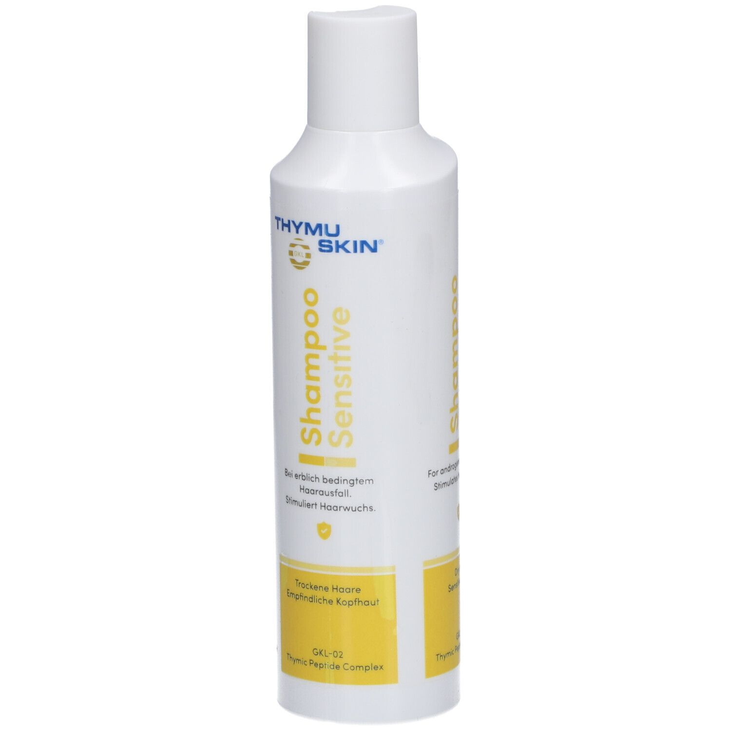 Witte fles met gele accenten. Opschrift: THYMUSKIN® Shampoo Sensitive. Voor erfelijke haaruitval.