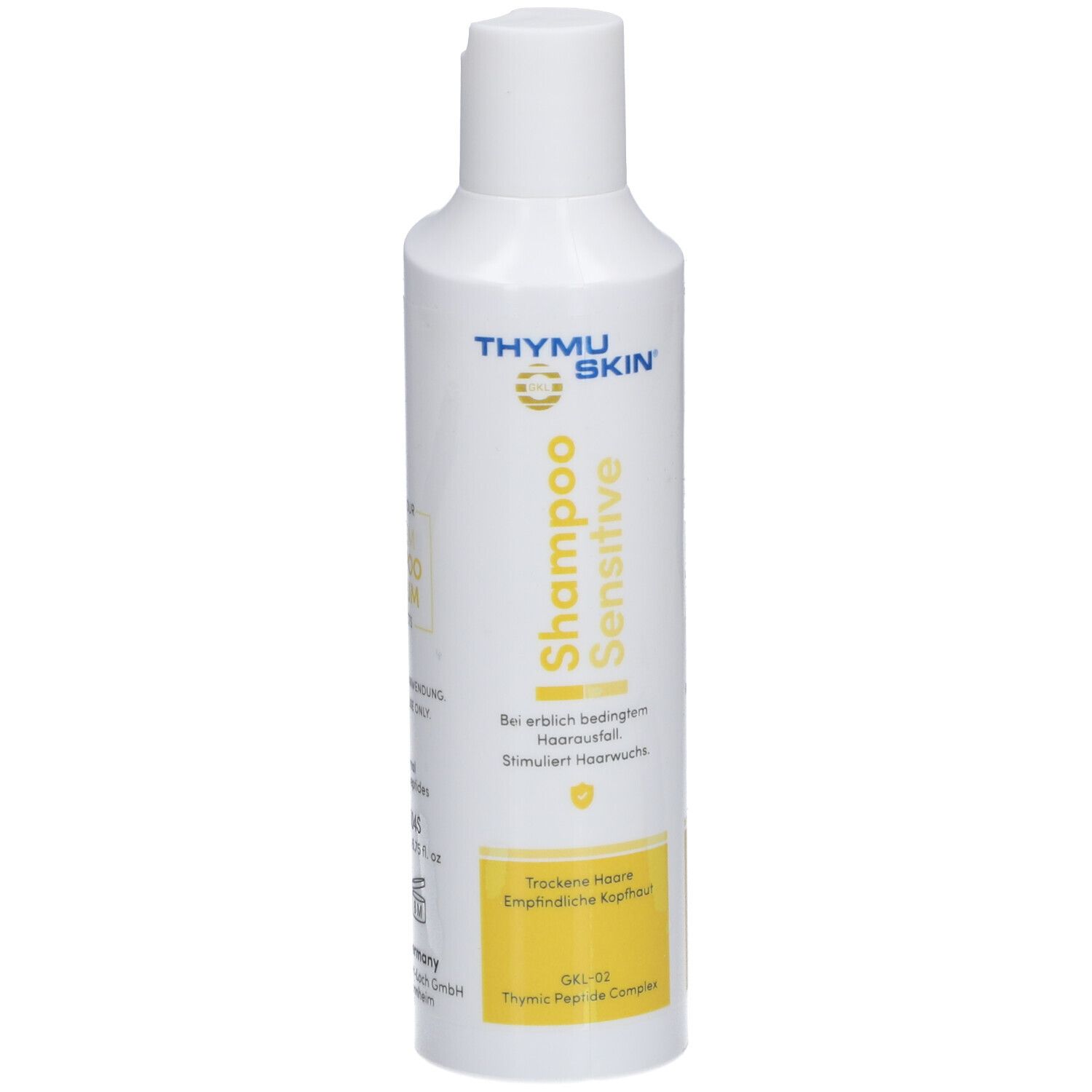 Witte fles met gele accenten. Opschrift: THYMUSKIN® Shampoo Sensitive. Voor droog haar en gevoelige hoofdhuid.