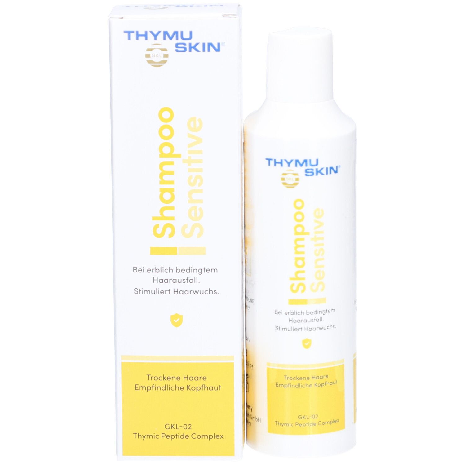 THYMUSKIN® Shampoo Sensitive fles en verpakking. Wit met gele accenten. Voor droog haar en gevoelige hoofdhuid.