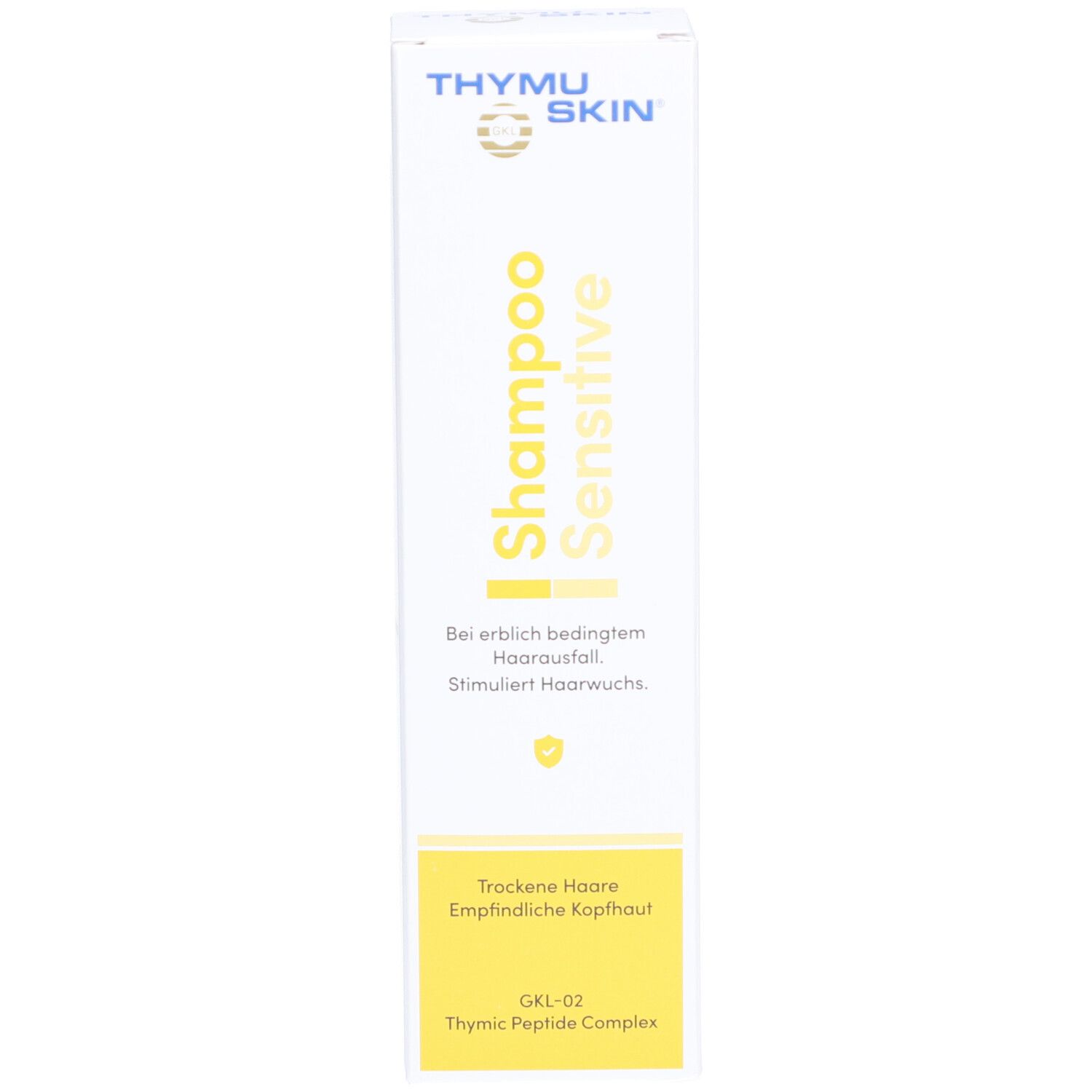 THYMUSKIN® Shampoo Sensitive verpakking. Wit met gele accenten. Voor droog haar en gevoelige hoofdhuid.