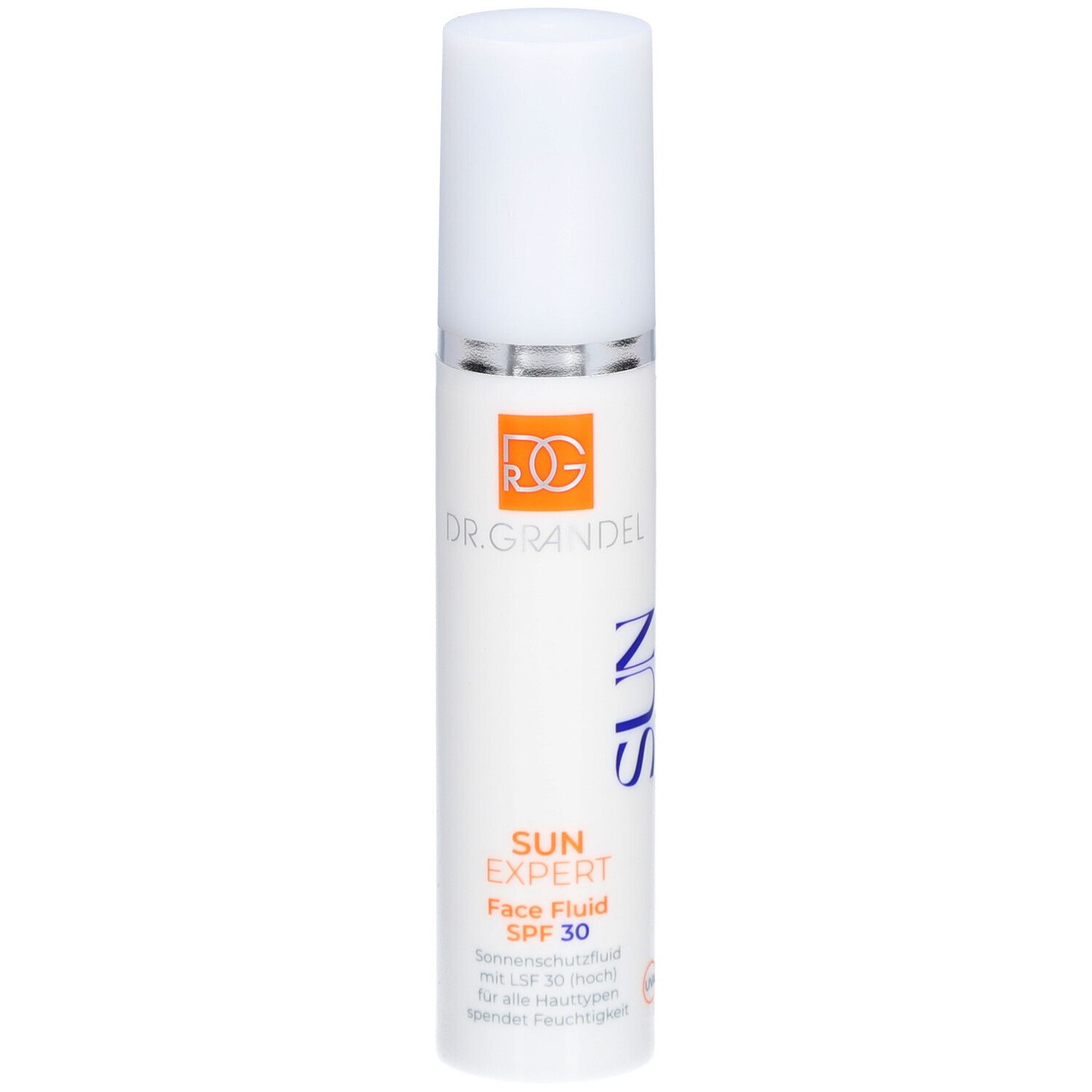 Wit flesje met witte dop. Opschrift: DR. GRANDEL, SUN EXPERT Face Fluid SPF 30. Oranje logo.