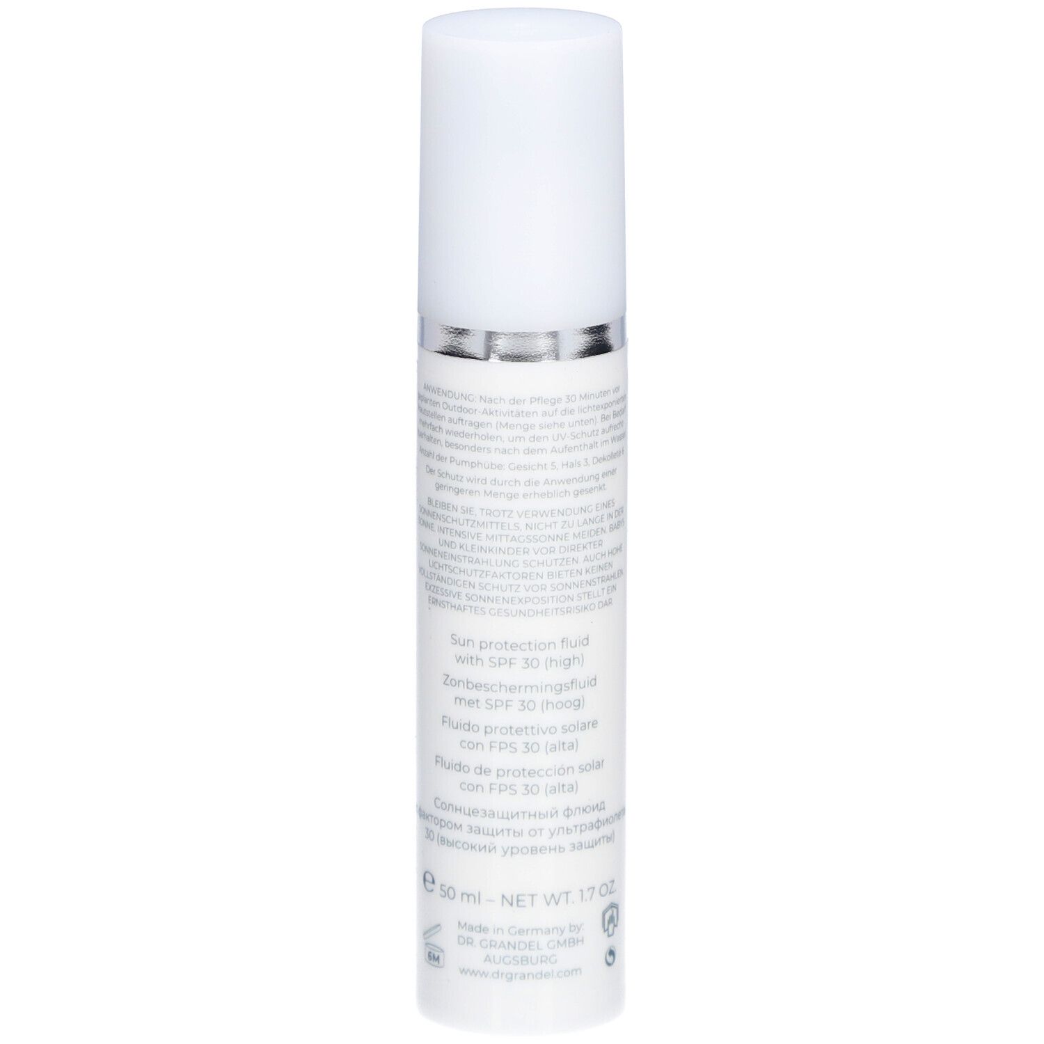 Wit flesje met witte dop. Achterkant met tekst. Opschrift: Sun protection fluid with SPF 30. Zilveren ring.