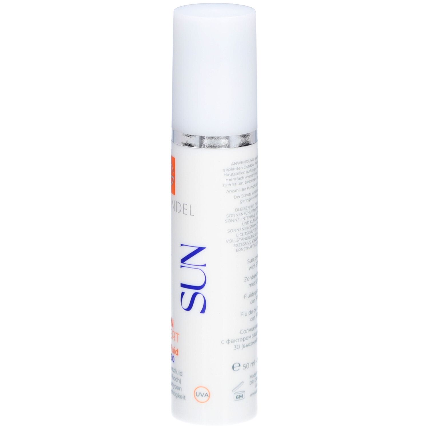Wit flesje met witte dop. Opschrift: DR. GRANDEL, SUN, Face Fluid SPF 30. Blauw opschrift SUN.