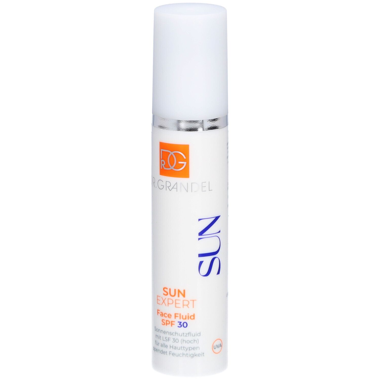 Wit flesje met witte dop. Opschrift: DR. GRANDEL, SUN EXPERT Face Fluid SPF 30. Oranje logo.