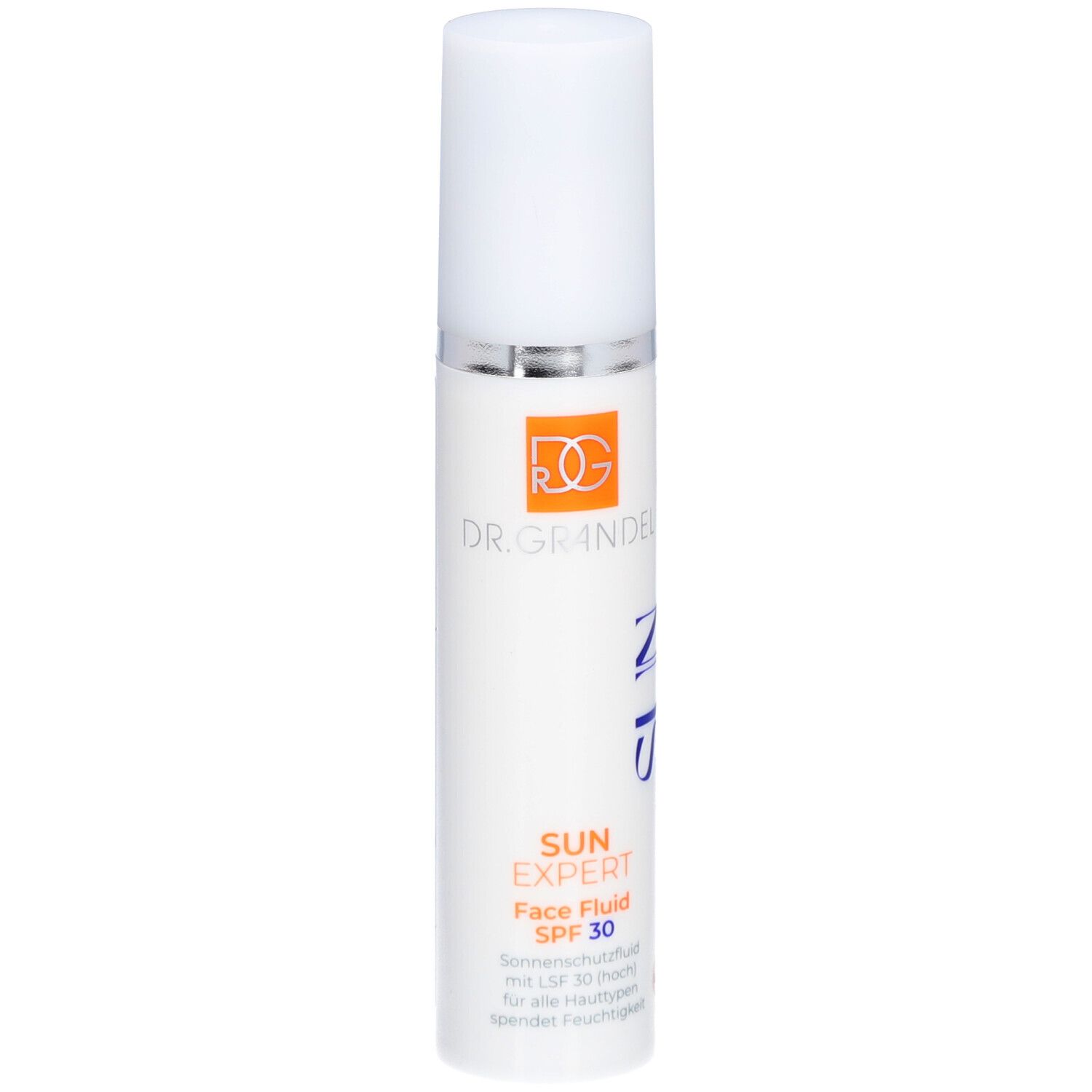 Wit flesje met witte dop. Opschrift: DR. GRANDEL, SUN EXPERT Face Fluid SPF 30. Oranje logo.