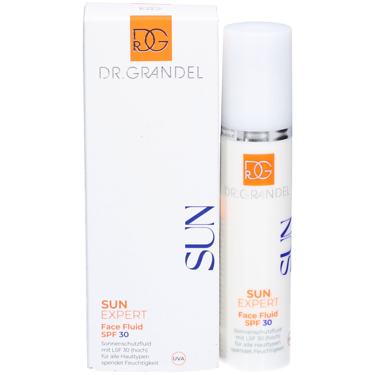 Wit flesje en verpakking. Opschrift: DR. GRANDEL, SUN EXPERT Face Fluid SPF 30. Oranje logo.