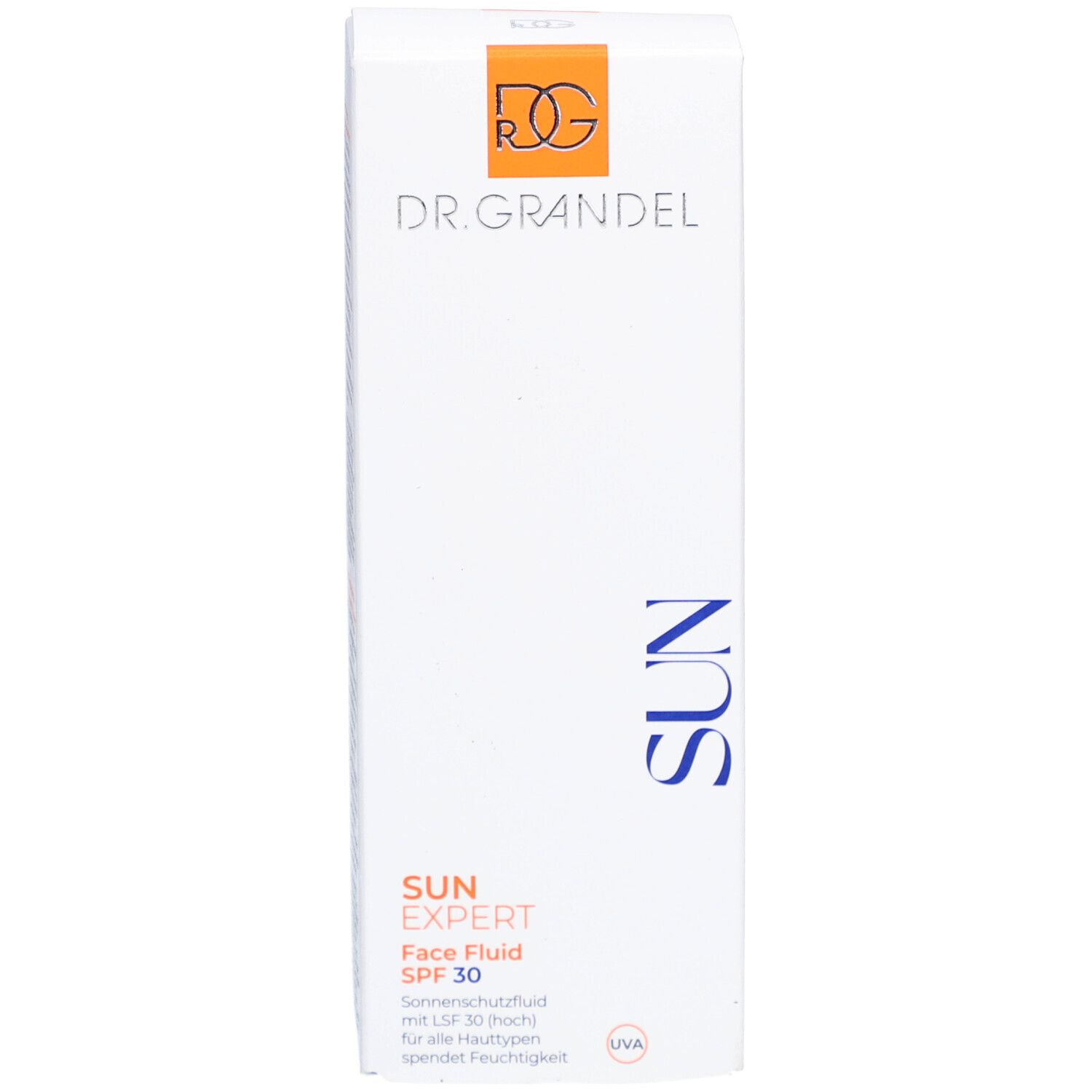 Witte verpakking. Opschrift: DR. GRANDEL, SUN EXPERT Face Fluid SPF 30. Oranje logo. Blauw opschrift SUN.