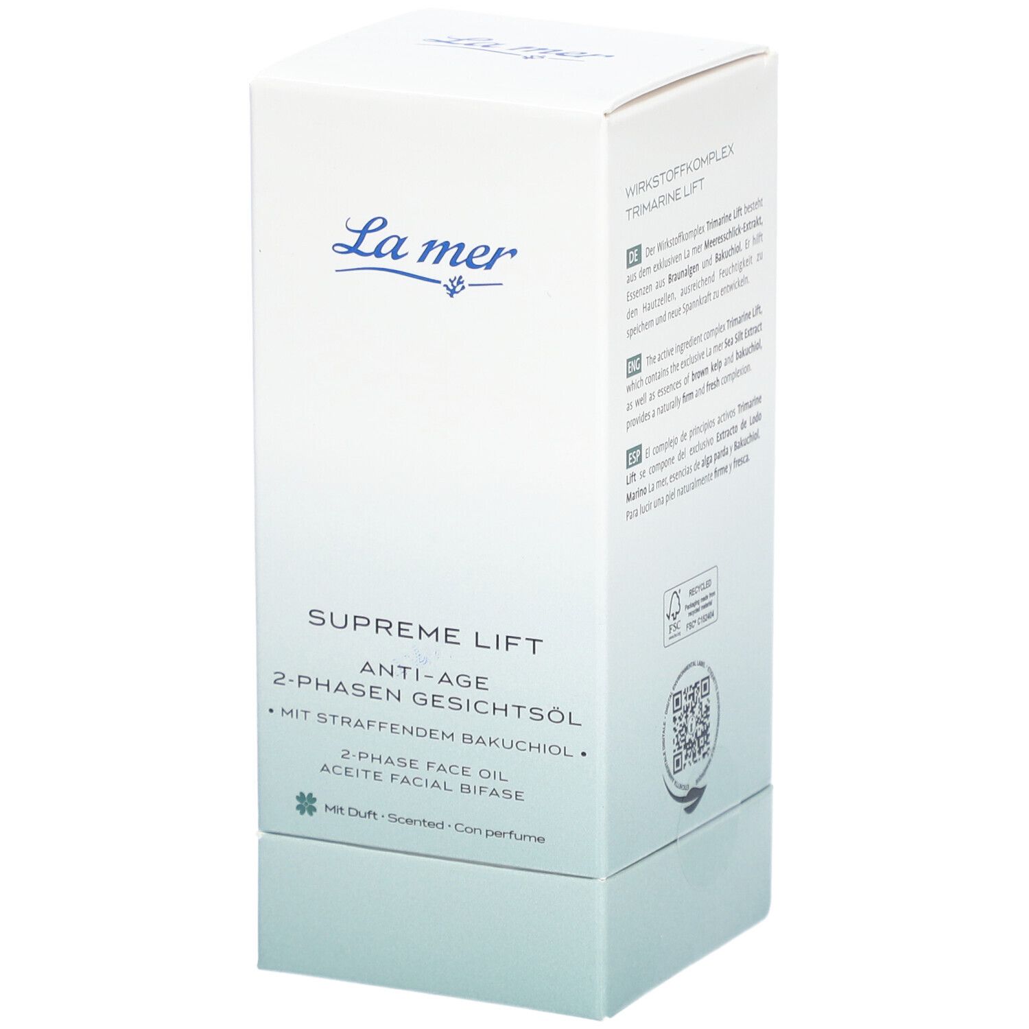 Witte verpakking met productinformatie. Logo La Mer, productnaam Supreme Lift Anti-Age 2-Phasen Gesichtsöl.