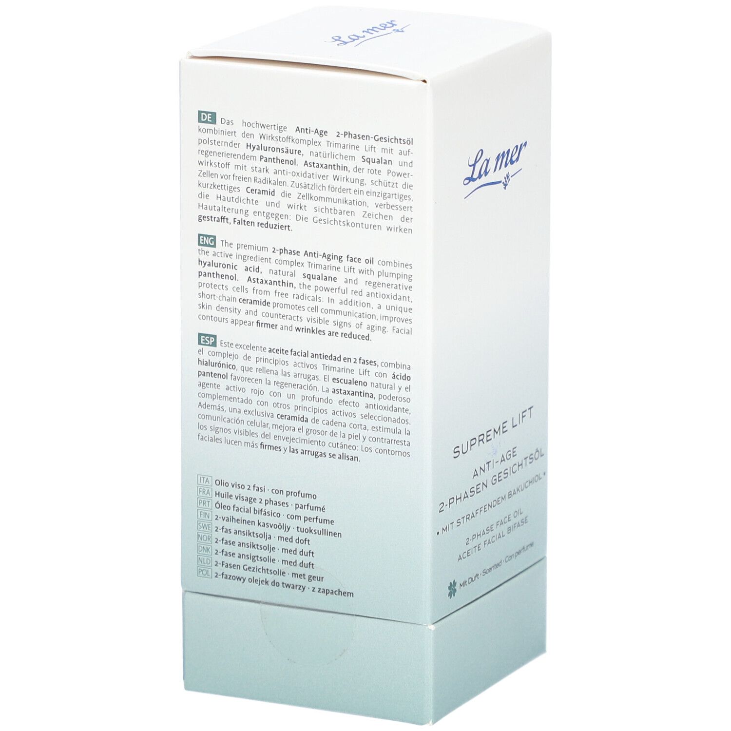 Witte verpakking met tekst. Productinformatie, logo La Mer, Supreme Lift Anti-Age 2-Phasen Gesichtsöl.