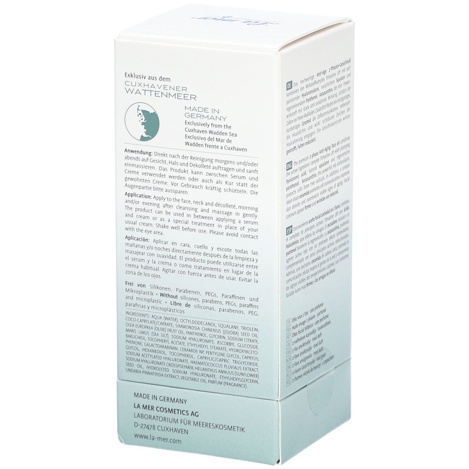 Witte verpakking met tekst. Productinformatie, logo La Mer, Supreme Lift Anti-Age 2-Phasen Gesichtsöl.