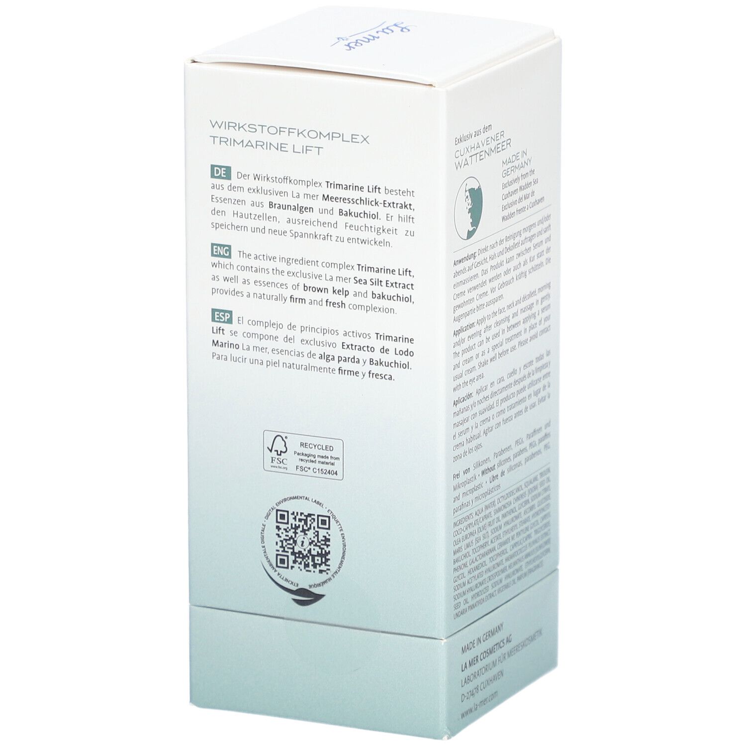 Witte verpakking met tekst. Productinformatie, logo La Mer, Supreme Lift Anti-Age 2-Phasen Gesichtsöl.