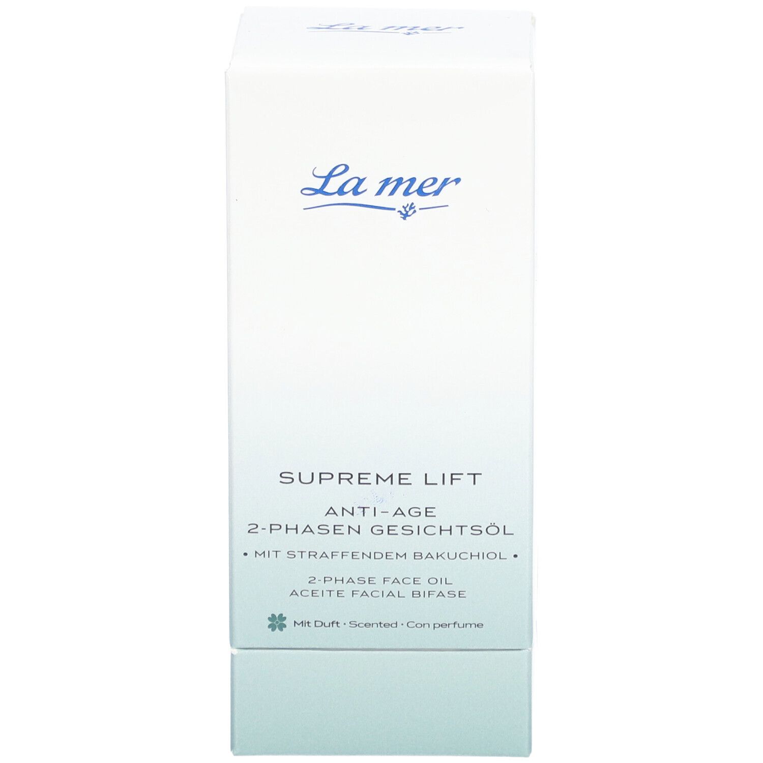 Witte verpakking met productinformatie. Logo La Mer, productnaam Supreme Lift Anti-Age 2-Phasen Gesichtsöl.