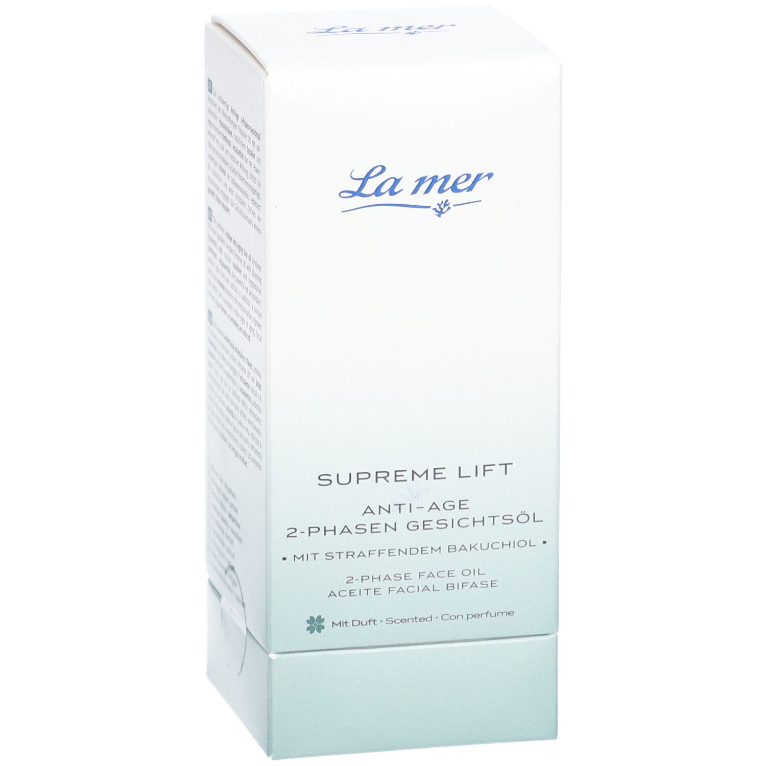 Witte verpakking met productinformatie. Logo La Mer, productnaam Supreme Lift Anti-Age 2-Phasen Gesichtsöl.