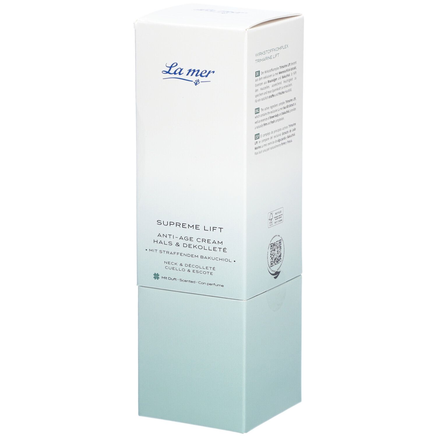 Witte verpakking La Mer Supreme Lift Anti-Age Cream Hals & Dekolleté. Logo en productnaam. Blauwe en groene kleurverlopen.