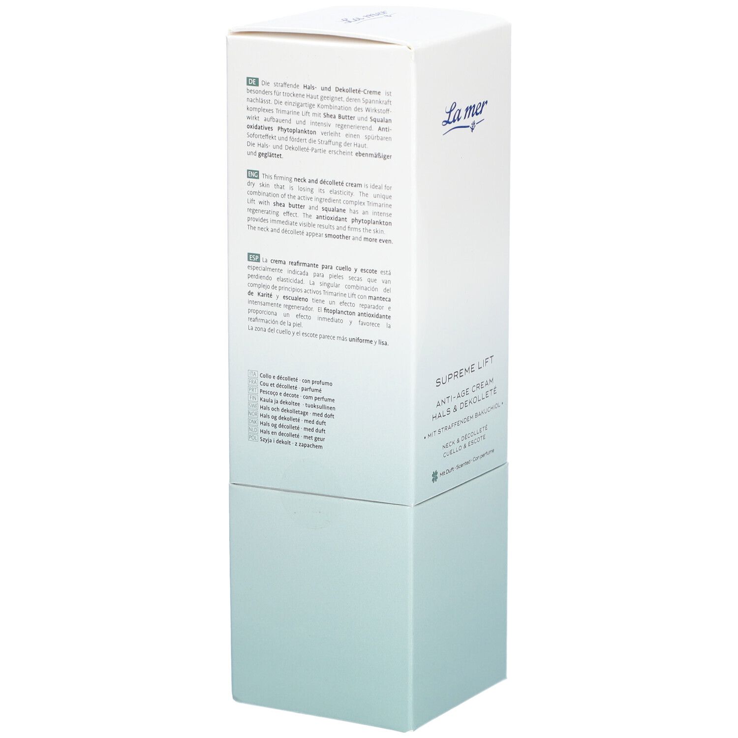 Achterkant van de La Mer Supreme Lift Anti-Age Cream verpakking. Meertalige tekst. La Mer logo rechtsboven.