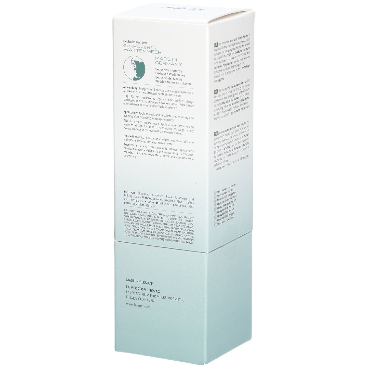 Zijkant van de La Mer Supreme Lift Anti-Age Cream verpakking. Tekst en logo. Gemaakt in Duitsland. QR-code.