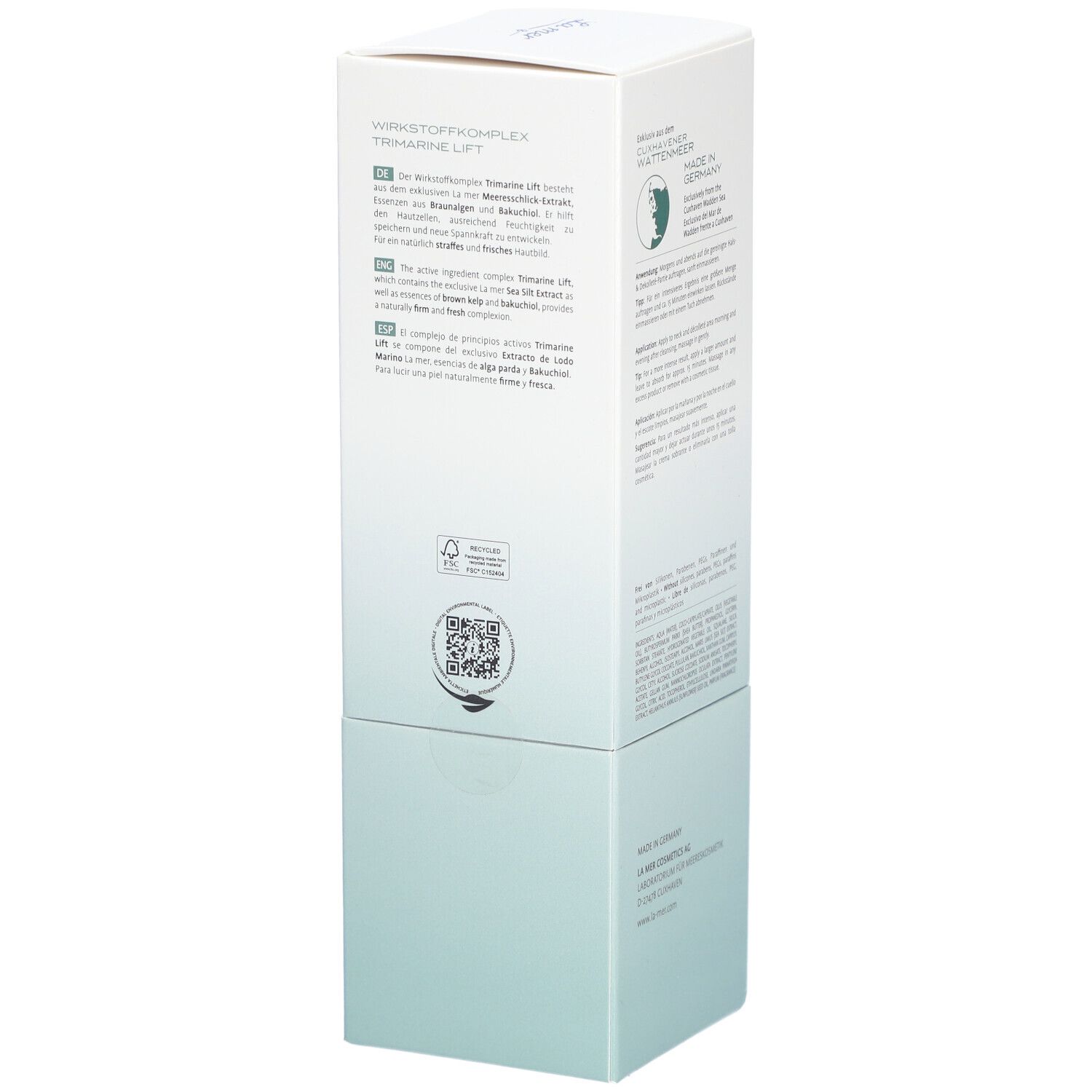 Zijkant van de La Mer Supreme Lift Anti-Age Cream verpakking. Tekst en logo. Gemaakt in Duitsland. QR-code.
