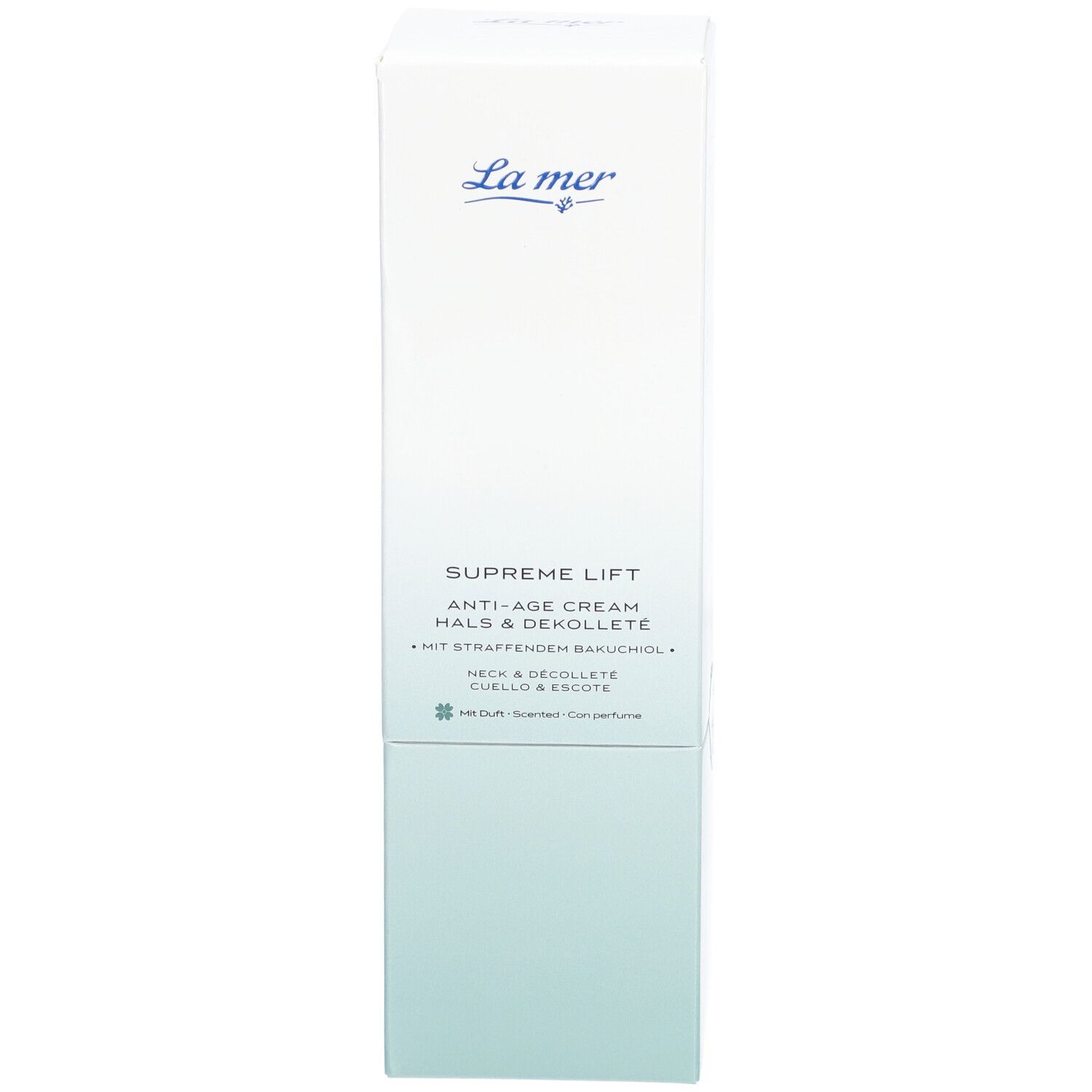 Witte verpakking La Mer Supreme Lift Anti-Age Cream Hals & Dekolleté. Logo en productnaam. Blauwe en groene kleurverlopen.