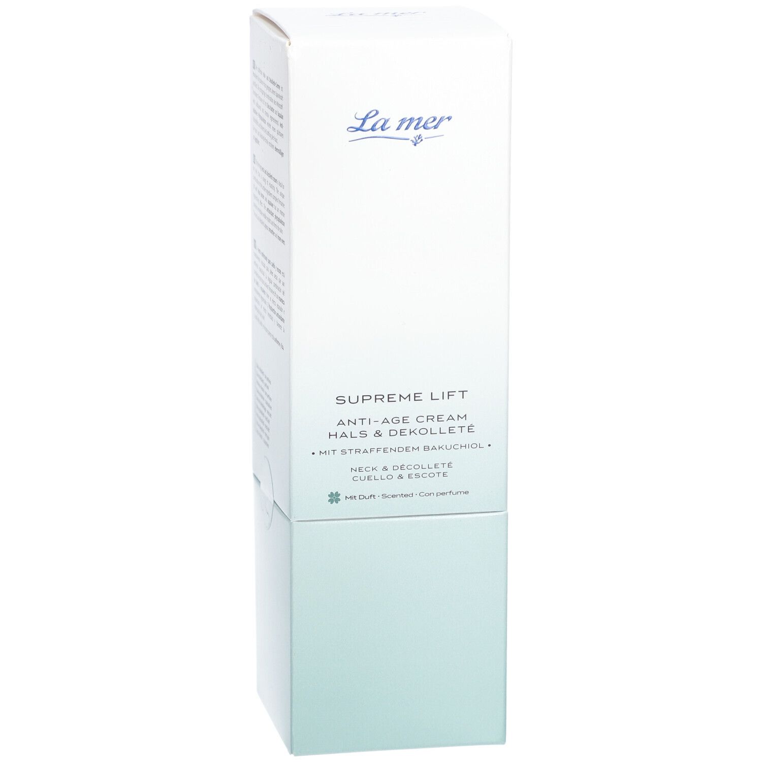 Witte verpakking La Mer Supreme Lift Anti-Age Cream Hals & Dekolleté. Logo en productnaam. Blauwe en groene kleurverlopen.