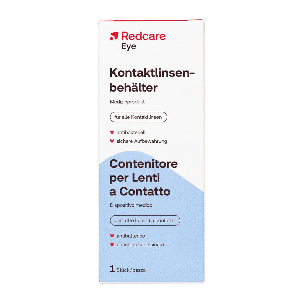 Verpakking Redcare Eye contactlenshouder. Medisch product voor alle lenzen, antibacterieel, veilige bewaring.