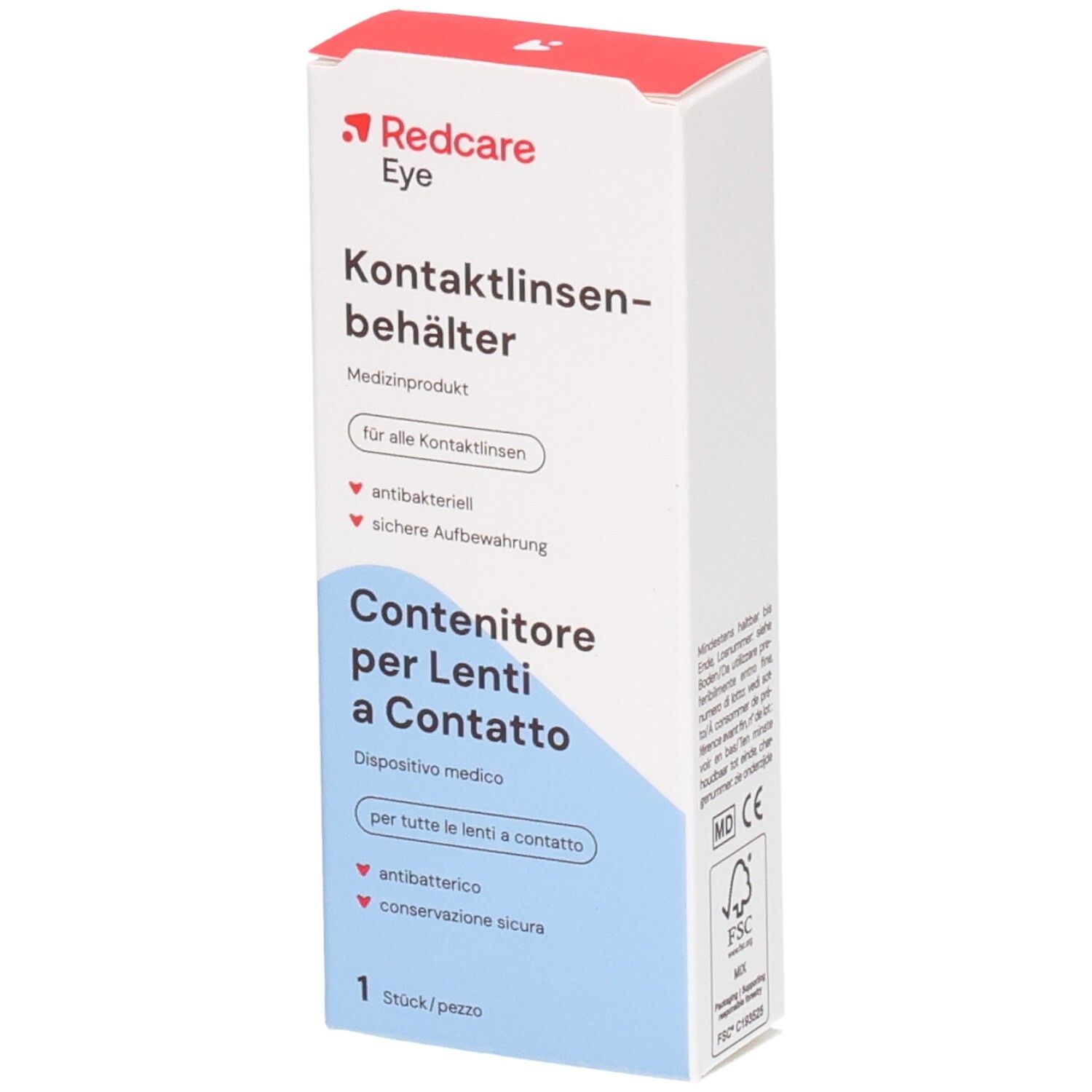 Verpakking voor contactlenshouder. Wit met rode en blauwe tekst. Bevat informatie in het Duits en Italiaans.