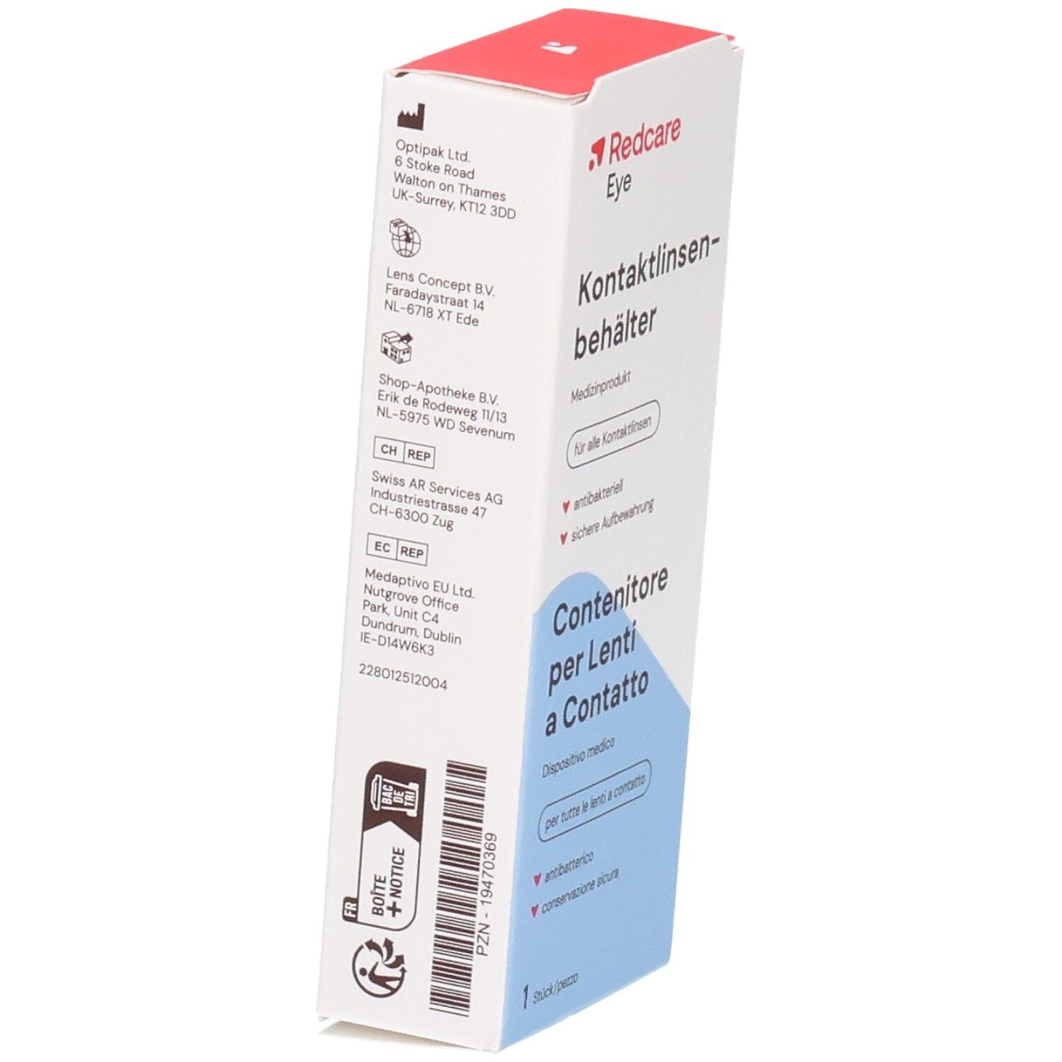 Schuine weergave van de verpakking voor contactlenshouder. Bevat informatie over fabrikant en certificeringen.