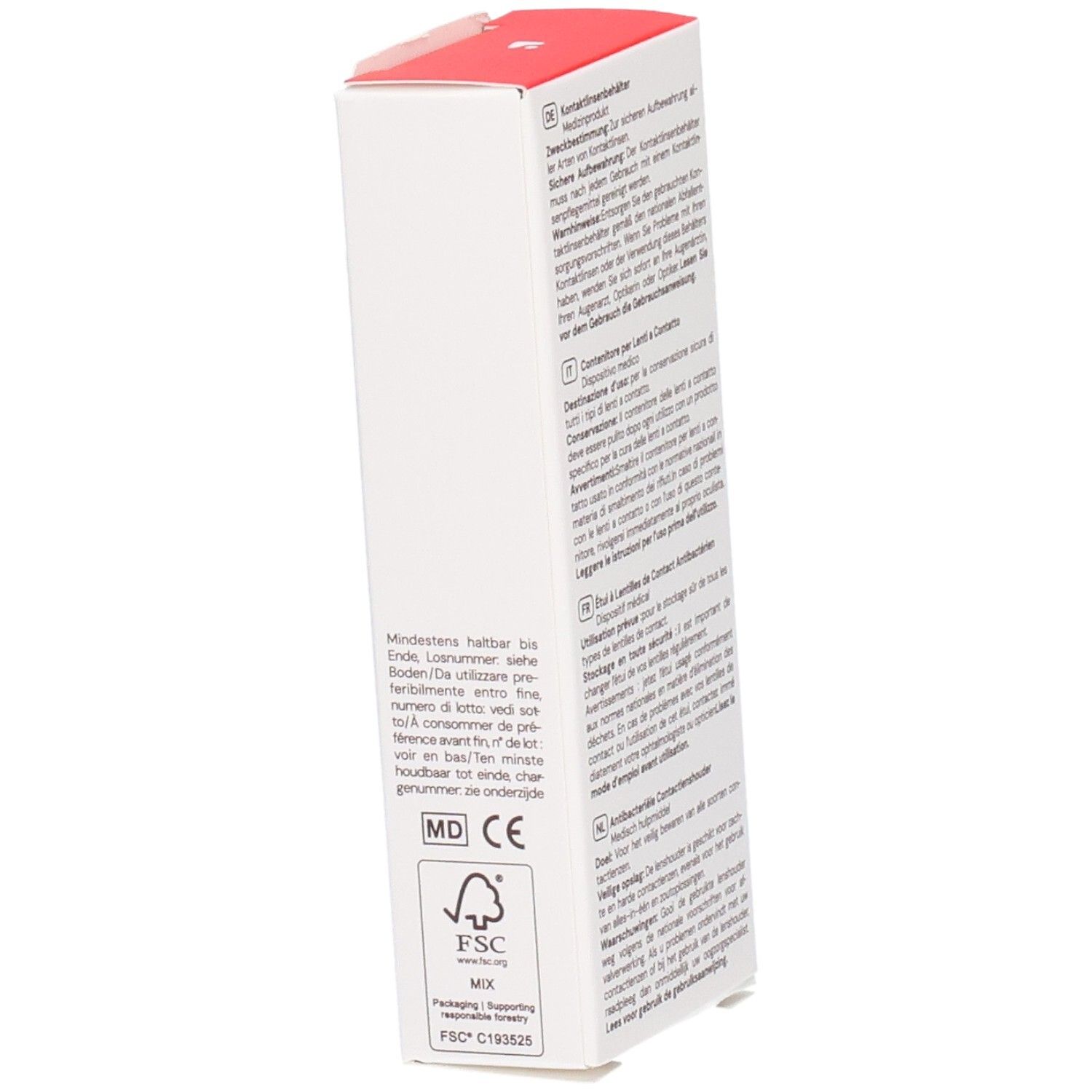 Schuine weergave van de verpakking voor contactlenshouder. Toont certificeringen en logo's.