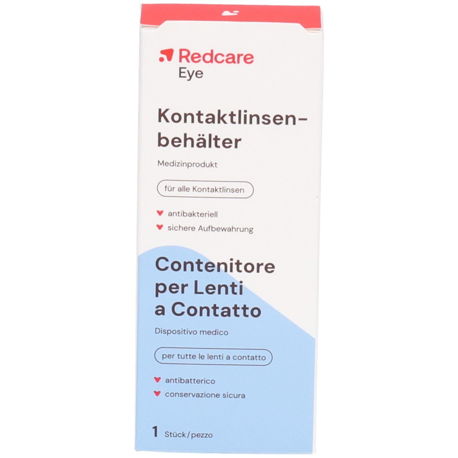 Verpakking voor contactlenshouder. Wit met rode en blauwe tekst. Bevat informatie in het Duits en Italiaans.