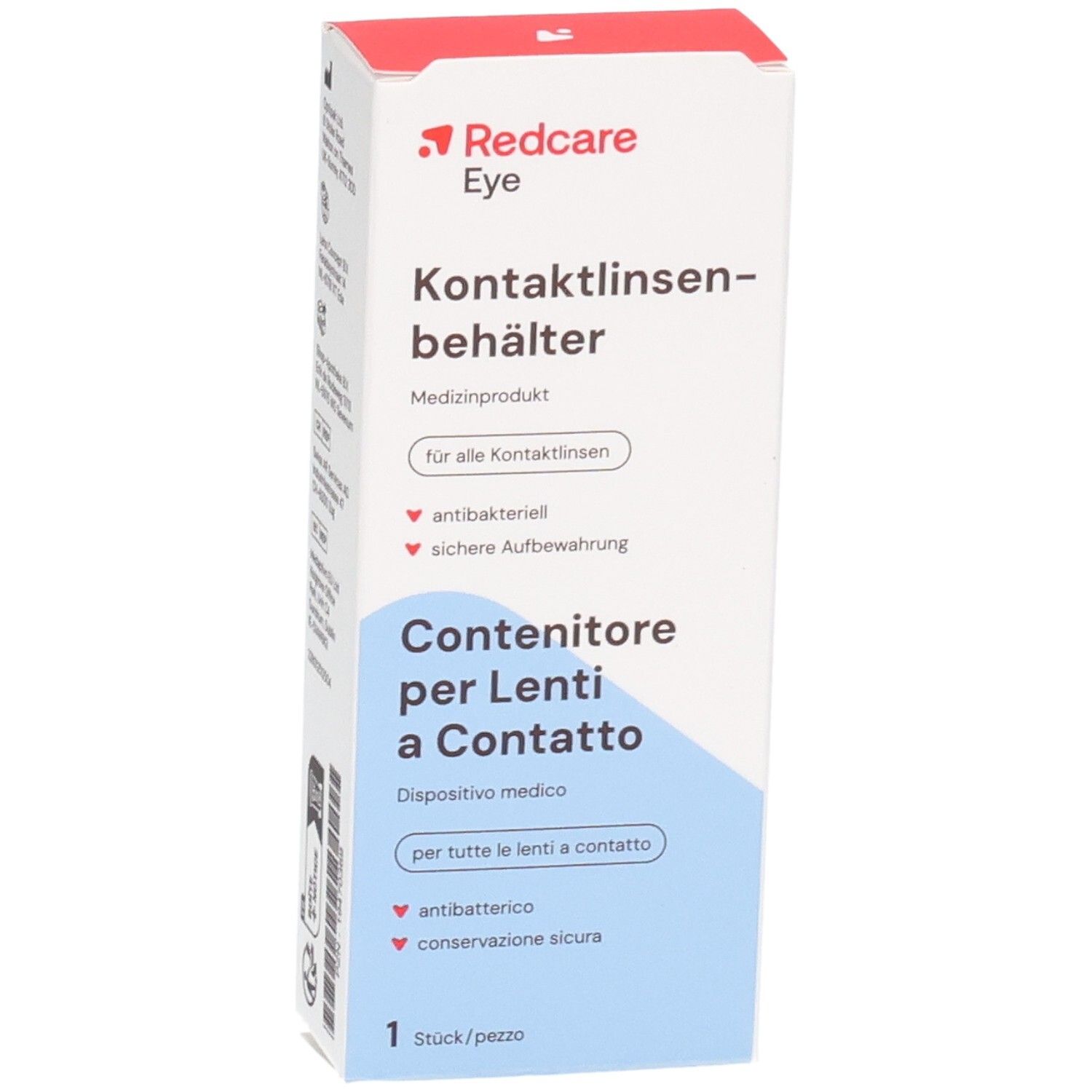 Verpakking voor contactlenshouder. Wit met rode en blauwe tekst. Bevat informatie in het Duits en Italiaans.