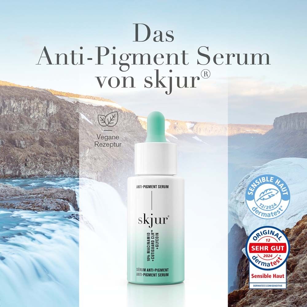 Sérum anti-pigmentaire skjur®. Flacon et emballage. Végétalien. Sceau Dermatest.