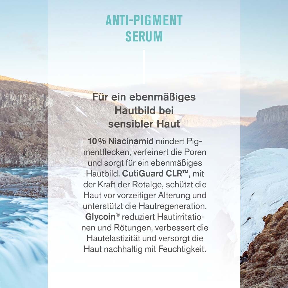 Infographie textuelle : Sérum anti-pigmentaire. Ingrédients : Niacinamide, CutiGuard CLR, Glycoin.
