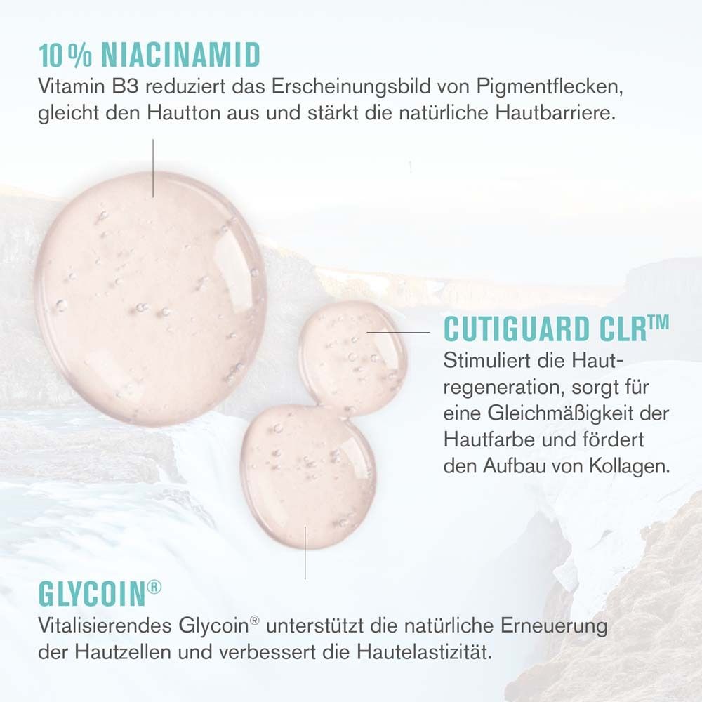 Infographie textuelle : Ingrédients du sérum anti-pigmentaire. Niacinamide, CutiGuard CLR, Glycoin.