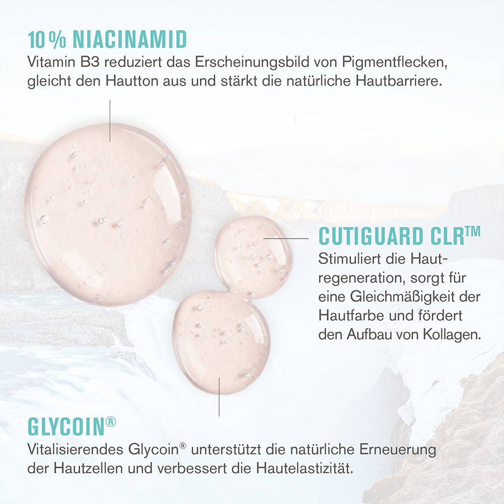 Trois gouttes d'un liquide avec les ingrédients 10% Niacinamide, Cutiguard CLR et Glycoin.