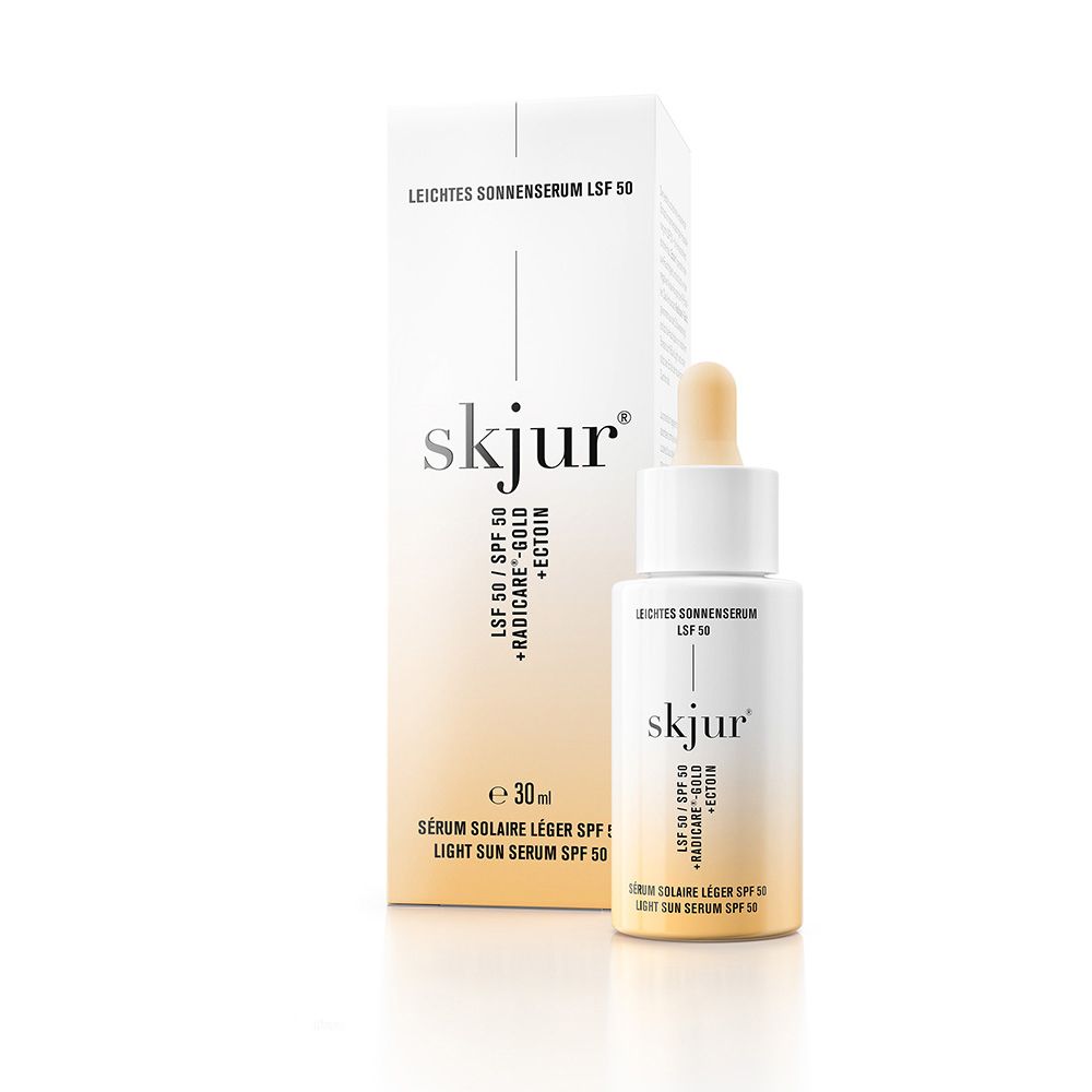 skjur lichte zonnecrème SPF 50 flesje en doosje.
