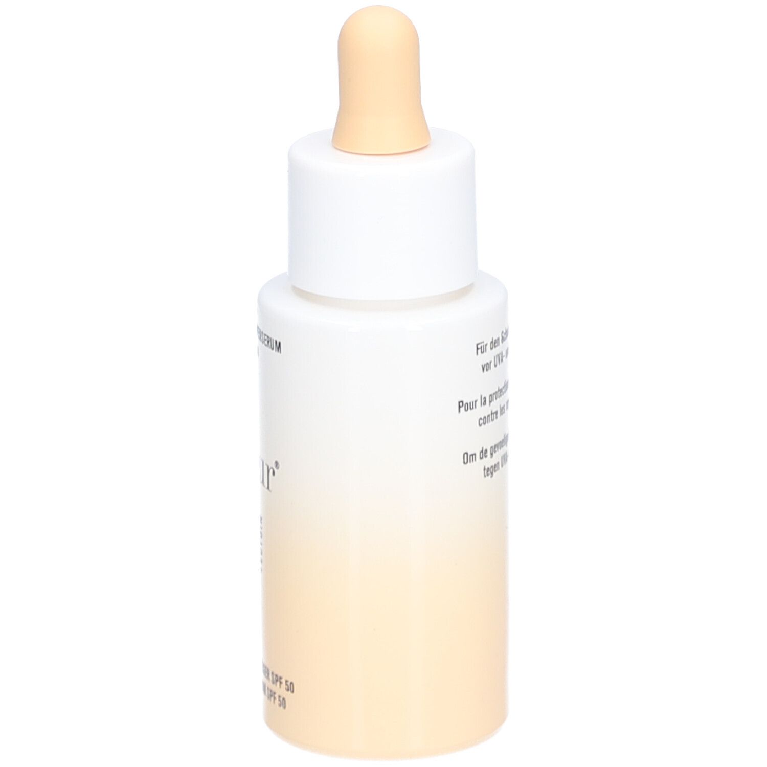 Zijaanzicht van de fles. Opschrift: Leichtes Sonnenserum LSF 50, skjur. Tekst voor gevoelige huid. 30 ml.