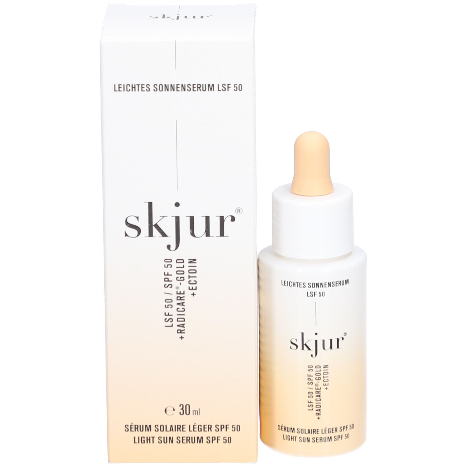 Product met verpakking. Fles met pipet en doos. Opschrift: Leichtes Sonnenserum LSF 50, skjur, 30 ml.