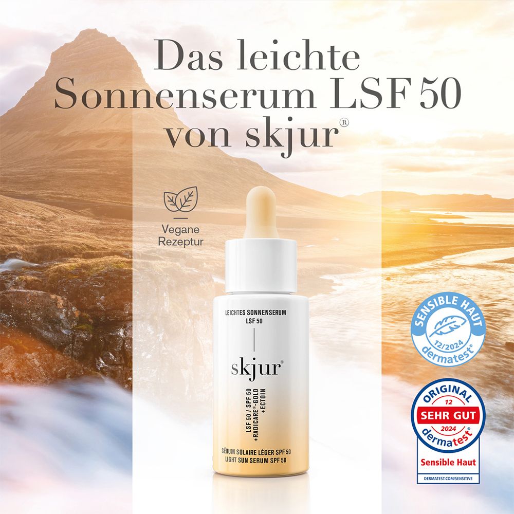 skjur lichte zonnecrème SPF 50 met zegels 'Vegan' en 'dermatest'.